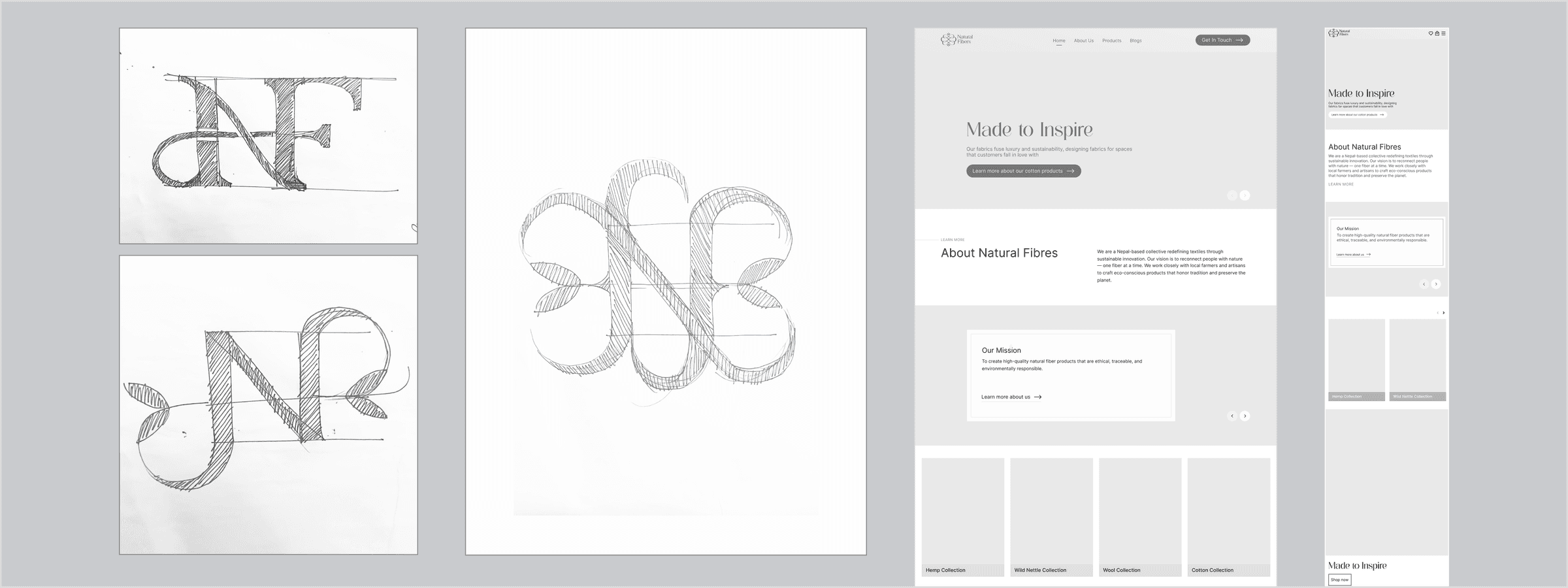 Natural Fibers logo sketches and website wireframes