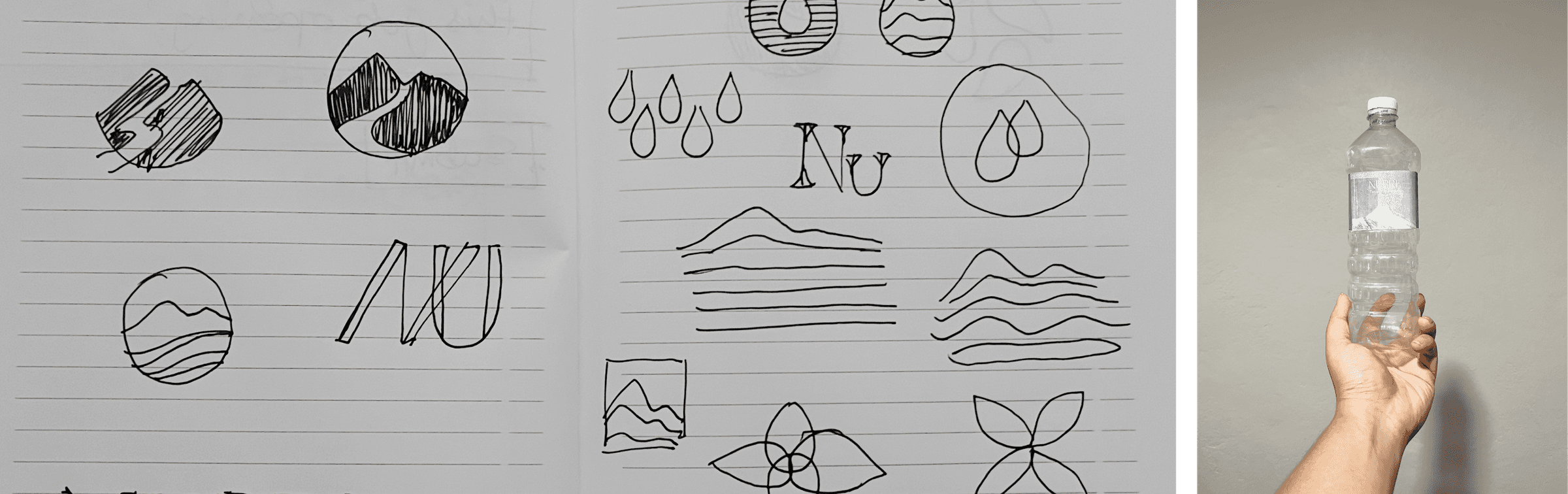 Nubri logo sketches and a label prototype on a bottle