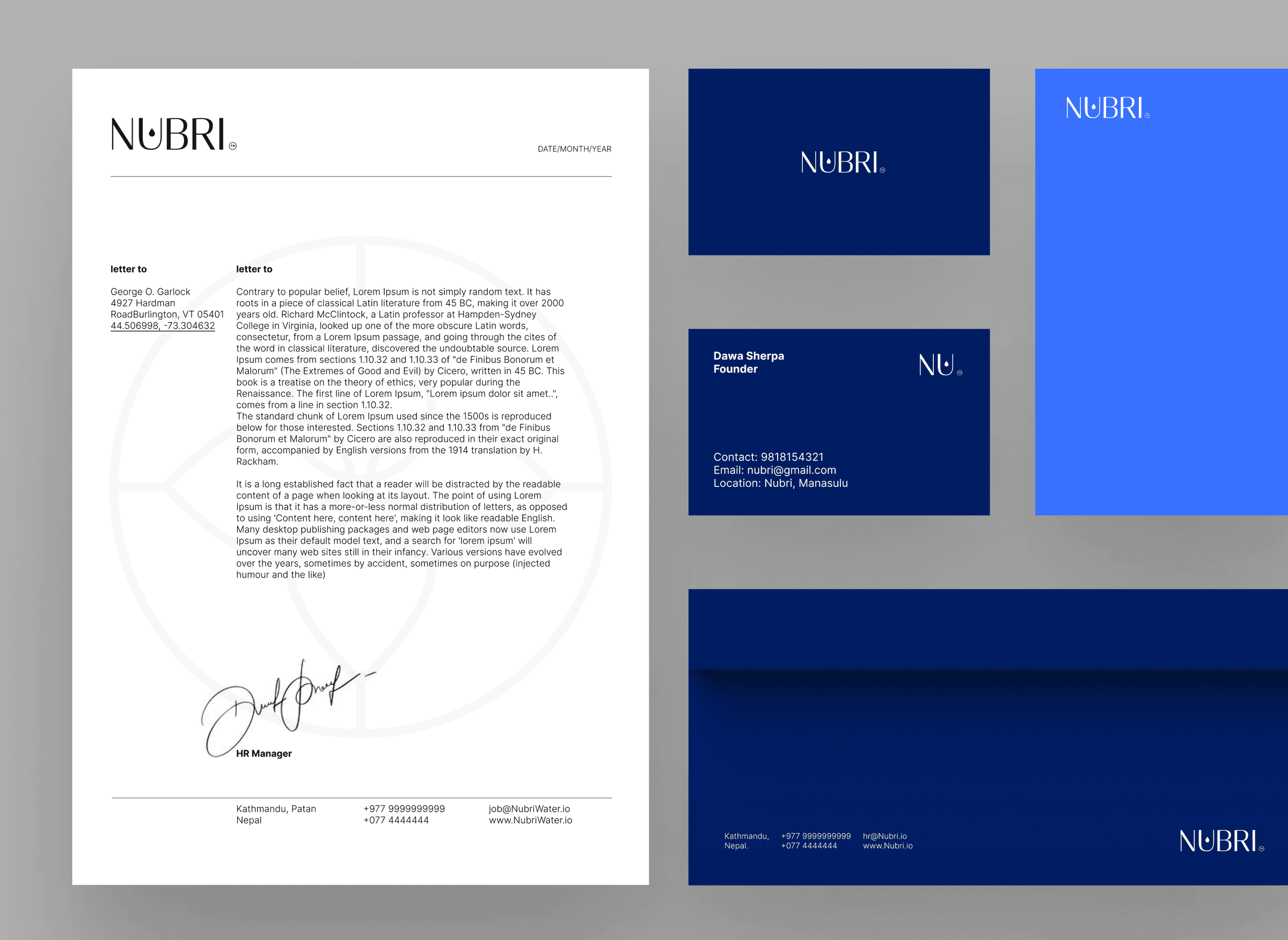 Nubri letterhead, business cards and envelope